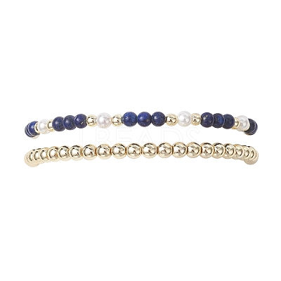 2Pcs Natural Lapis Lazuli & Shell Pearl & Non-magnetic Synthetic Hematite Beaded Stretch Bracelets for Women BJEW-JB12938-02-1