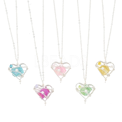 5Pcs 5 Colors Electroplated Natural Quartz Heart Copper Wire Wrapped Pendant Brass Cable Chain Necklaces for Women NJEW-TA00256-1