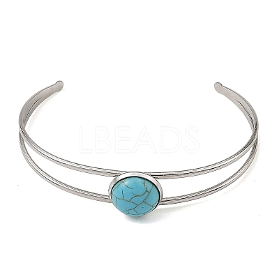 2Pcs 2 Colors Dyed Synthetic Turquoise Dome 304 Stainless Steel Hollow Open Cuff Bangle Sets BJEW-JB14400-1
