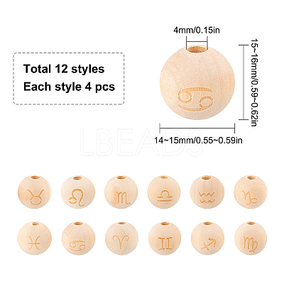 48 Pcs 12 Styles Unfinished Natural Wood European Beads WOOD-SC0001-31-1