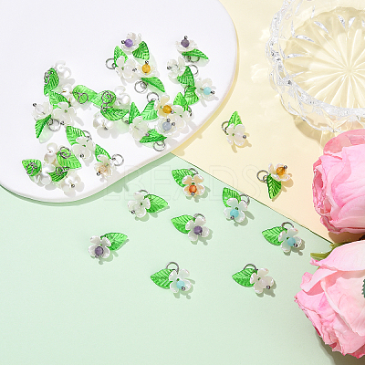 40Pcs 8 Colors Natural Mixed Gemstone & ABS Plastic Imitation Pearl & Acrylic Leaf Pendants PALLOY-YW00095-1