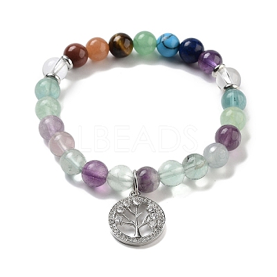 Natural Fluorite Round Beaded Chakra Stretch Bracelets BJEW-K251-01C-1