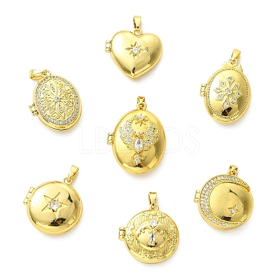 7Pcs 7 Styles Brass Micro Pave Clear Cubic Zirconia Locket Pendants KK-CJ0005-71-1