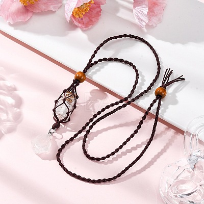 Natural Quartz Crystal Macrame Pouch Pendant Nylon Cord Adjustable Necklaces NJEW-JN05345-01-1