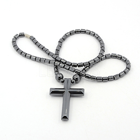 Mens Saint Cross Magnetic Synthetic Hematite Pendant Necklaces NJEW-F026-12-1