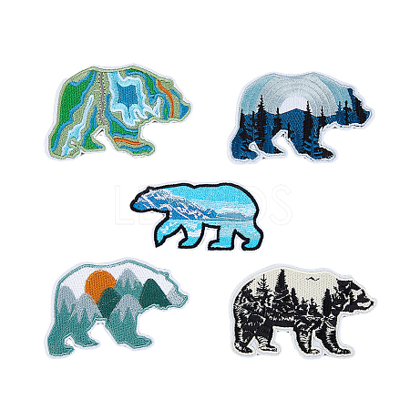 HOBBIESAY 5Pcs 5 Style Polar Bear with Scenery Computerized Embroidery Cloth Iron on/Sew on Patches DIY-HY0001-53-1