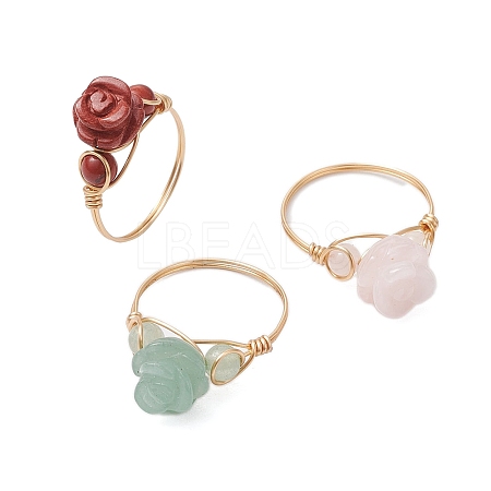 Valentine's Day Rose Natural Red Jasper & Green Aventurine & Rose Quartz Finger Rings RJEW-JR00814-1