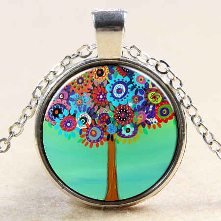 Tree Of Life Pattern Flat Round Glass Pendant Necklaces NJEW-N0051-048P-02-1
