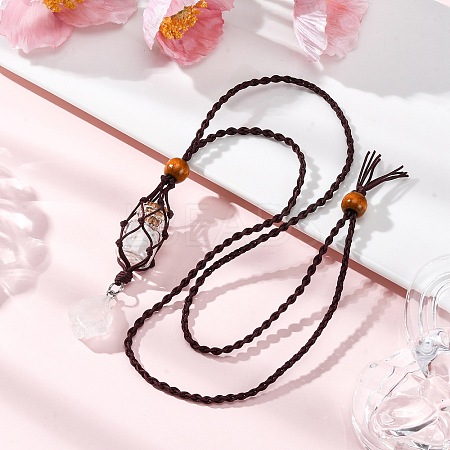 Natural Quartz Crystal Macrame Pouch Pendant Nylon Cord Adjustable Necklaces NJEW-JN05345-01-1