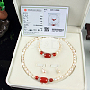 Natural Red Agate & Natural  Freshwater Pearl Round Beaded Necklaces & Beaded Bracelets & Dangle Earrings Sets WGE6446-01-1