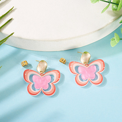 Brass Printing Acrylic Butterfly Dangle Stud Earrings EJEW-TA00671-1