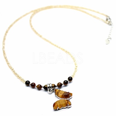 Natural Tiger Eye Alloy Butterfly Pendant Glass Seed Beaded Necklaces for Women TG9550-6-1