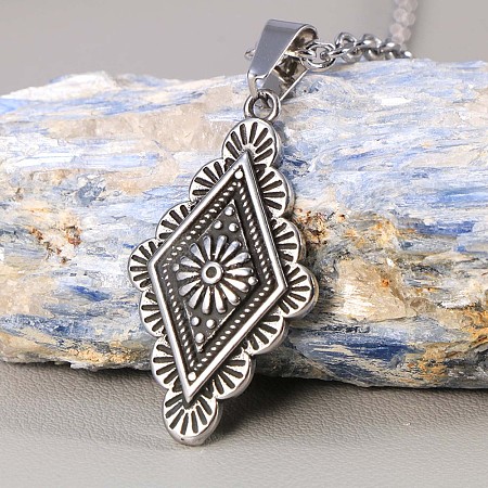 Bohemian Vintage 304 Stainless Steel Rhombus with Engraved Flower Pendant Necklaces for Women FS-WGD5814-08-1
