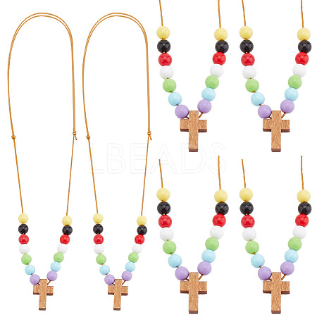Wood Cross with Acrylic Beaded Pendant Necklaces for Women NJEW-AB00014-1
