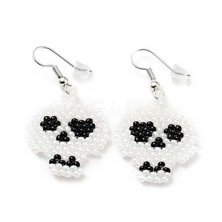 Glass Seed Braided Skull Dangle Earrings EJEW-B012-12-1