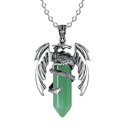 Natural Green Aventurine Bullet with Dragon Pendant Necklace with Zinc Alloy Chains PW-WG99720-02-1