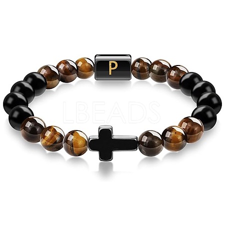 8MM Natural Tiger Eye and Matte Black Obsidian Round Beaded Stretch Bracelets SL9862-16-1