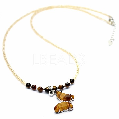 Natural Tiger Eye Alloy Butterfly Pendant Glass Seed Beaded Necklaces for Women TG9550-6-1
