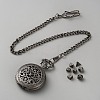 Vintage Alloy Flat Round Hollow Pocket Watch with Brass Curb Chain AJEW-WH0752-005B-1