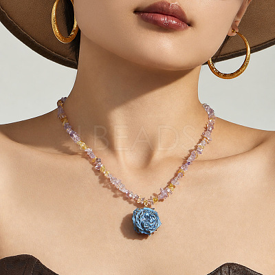 Resin Dried Flower Pendant Natural Amethyst Chip Beaded Necklaces for Women WG04FC4-01-1