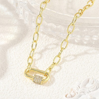 Brass Paperclip Chain Necklaces with Rectangle Brass Micro Pave Clear Cubic Zirconia Screw Carabiner Lock Charms NJEW-JN06410-1