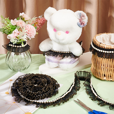 Chiffon Pleated Lace Ribbon with Plastic Beads OCOR-WH0078-62-1