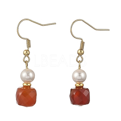 Natural Carnelian with Round Shell Pearl Beads Cube Dangle Earrings EJEW-JE07522-1