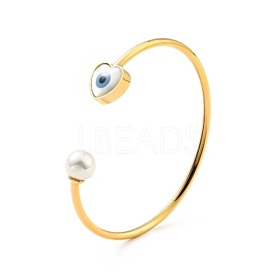 Shell Pearl & Heart with Evil Eye Open Cuff Bangle BJEW-G647-03G-1