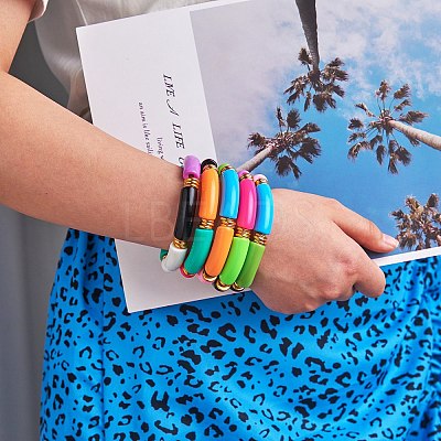 Candy Color Chunky Curved Tube Acrylic Beads Stretch Bracelets Set for Women BJEW-SW00015-1