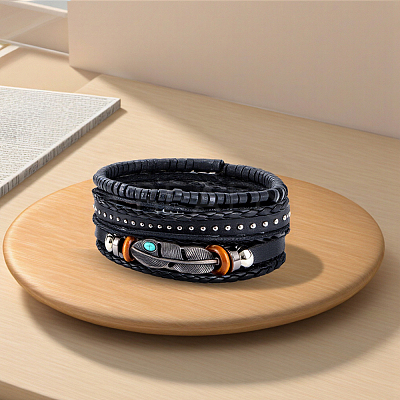 1Pc Cowhide & Imitation Leather Cord Knitted Multi-strand Bracelets AJEW-GF0011-50E-1
