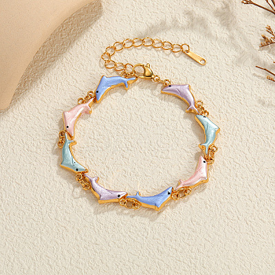 304 Stainless Steel Enamel Colorful Dolphin Link Chain Bracelets for Women WG28F33-01-1