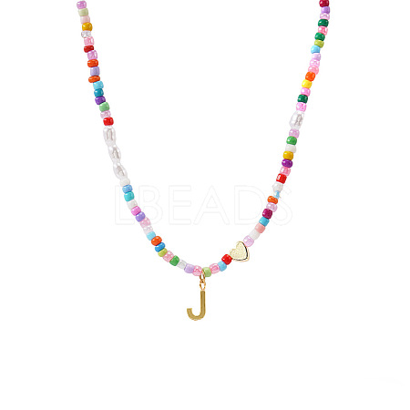 Colorful Beaded Heart Letter Necklace with Pearl Elements Stainless Steel Pendant Jewelry TR2146-10-1