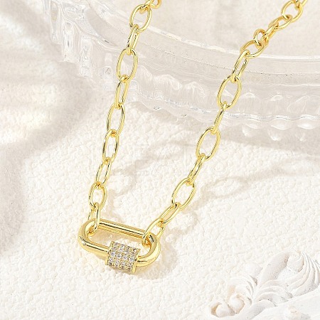 Brass Paperclip Chain Necklaces with Rectangle Brass Micro Pave Clear Cubic Zirconia Screw Carabiner Lock Charms NJEW-JN06410-1