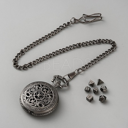 Vintage Alloy Flat Round Hollow Pocket Watch with Brass Curb Chain AJEW-WH0752-005B-1