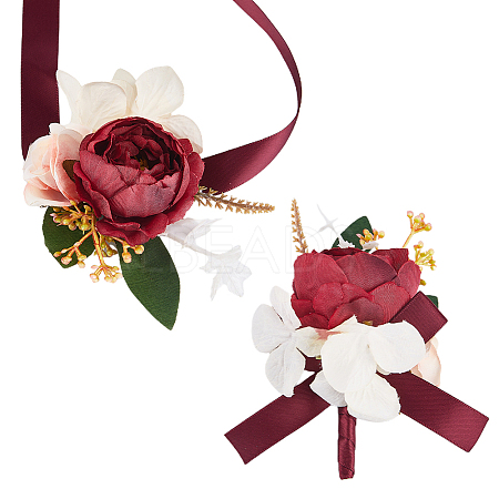 2Pcs 2 Style Silk Cloth Rose with Satin Ribbon Corsage Boutonniere & Wrist Corsages AJEW-CP0005-94-1