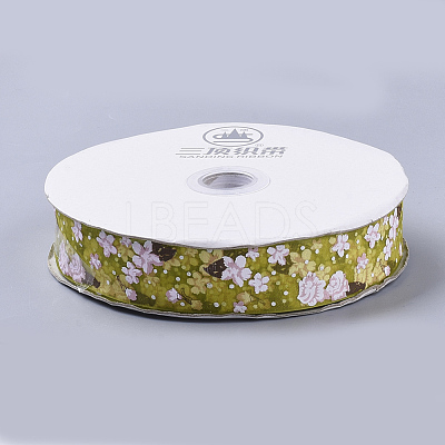 Flower Pattern Printed Polyester Organza Ribbons ORIB-Q035-02-1