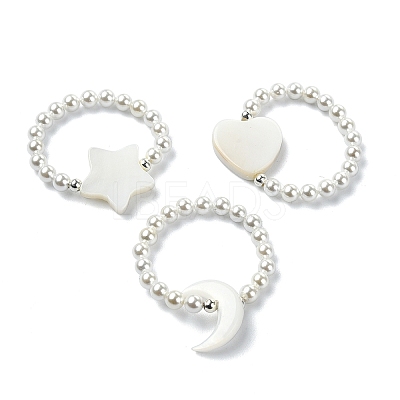 3Pcs 3 Style Natural Pearl & Shell Beaded Stretch Rings Set RJEW-TA00100-1