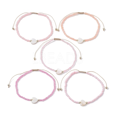 5Pcs 5 Colors Natural Shell Heart & Seed Braided Bead Bracelets Set BJEW-JB10039-02-1