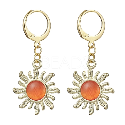 Golden Alloy Sun Shape Dangle Leverback Earrings with Cat Eye EJEW-JE05587-03-1