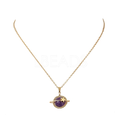 Natural Amethyst Copper Wire Wrapped Planet Pendant Brass Cable Chain Necklaces for Women NJEW-TA00260-02-1
