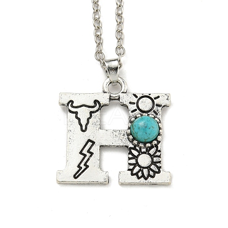 Letter A~Z Antique Silver Plated Alloy with Synthetic Turquoise Pendant Necklaces NJEW-G080-01H-1