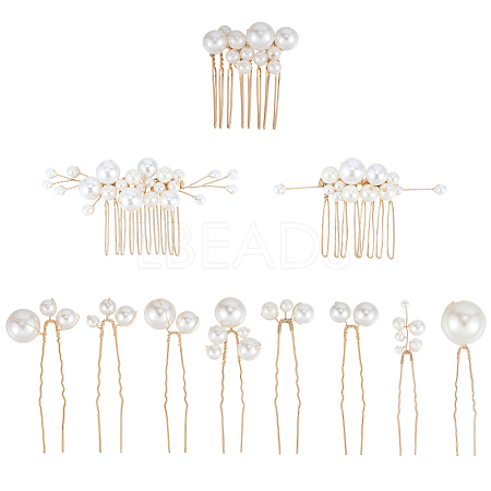 Copper Wire and ABS Imitation Pearl Hair Combs Sets for Women Girls OHAR-CY0001-20-1