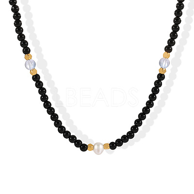 Elegant Round Natural Black Onyx(Dyed & Heated) & Glass & Freshwater Pearl Beaded Necklaces WB9753-1