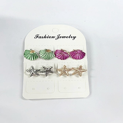 4 Pairs 4 Style Zinc Alloy Shell & Starfish Shape Stud Earrings Set with Iron Pins EJEW-WH0015-09-1