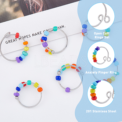 10Pcs 2 Style Rainbow Color Glass Beaded Rotating Open Cuff Rings Set RJEW-DC0001-15-1