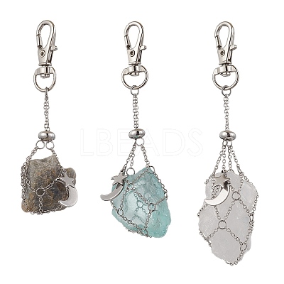 3Pcs Moon & Star Brass Cable Chains Macrame Pouch Empty Stone Holder Pendant Decorations KK-CJA6FD-P-1