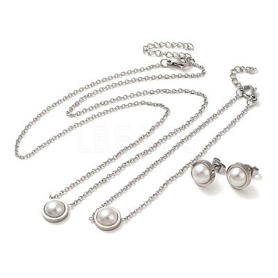 Flat Round Plastic Imitation Pearl Pendant Necklaces & Bracelets & Stud Earrings Sets SJEW-C004-02P-1