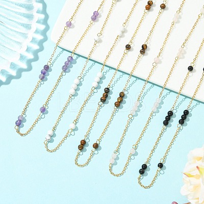 5MM Round Natural Mixed Stone Beads Brass Cable Chain Necklaces for Women NJEW-JN06378-1