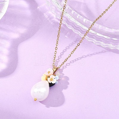 Electroplate Shell Pearl Flower Teardrop Pendant 304 Stainless Steel Cable Chain Necklaces for Women NJEW-JN06193-1