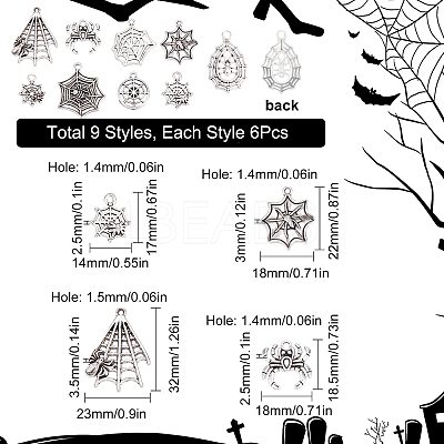 54Pcs 9 Styles Halloween Jewelry Tibetan Style Alloy Pendants FIND-SC0004-40-1